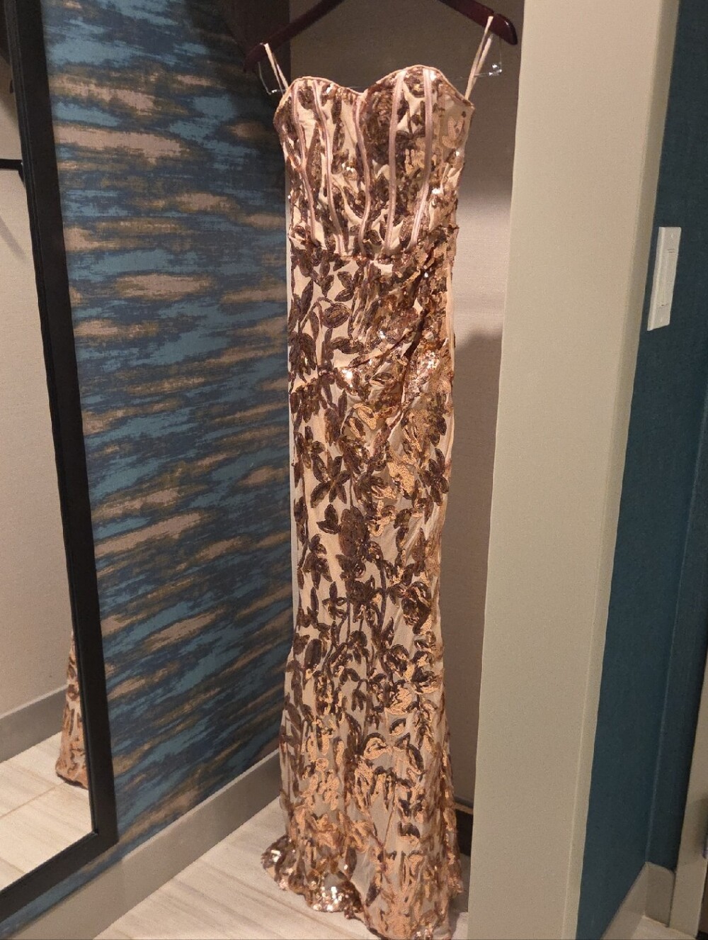 Faeriesty Strapless Rose Gold Sequin Evening Gown, Mermaid Style